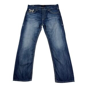 Big Star Voyager Straight Mens Jeans 38R Blue Medium Wash Buckle Embroidered